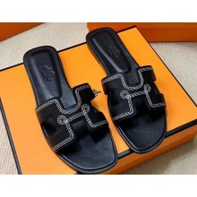 Hermes Oran sandals Black in Calfskin with "H" cut-out and Stitches details Top Quality 2024