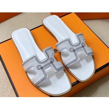 Hermes Oran sandals in Calfskin White with "H" cut-out and Stitches details Top Quality 2024
