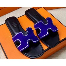 Hermes Oran sandals Blue in suede goatskin with iconic "H" cut-out and rhinestone details Top Quality 2024
