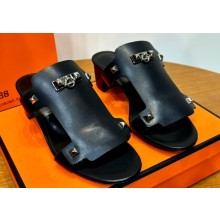 Hermes Invincible 50 sandals Black in Calfskin with iconic Medor studs Top Quality 2024