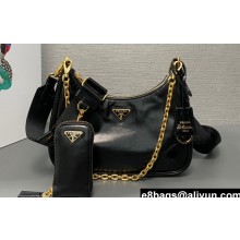 Prada Re-Edition 2005 Leather Shoulder Hobo Bag with nylon shoulder strap 1BH204 black 2024