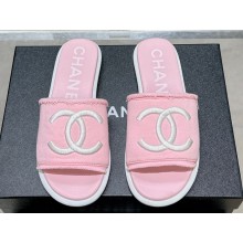Chanel CC Logo Fabric Flat Mules Pink 2024