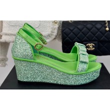 Chanel Crystal Bow Wedge Sandals Glitter Green 2024