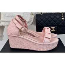 Chanel Crystal Bow Wedge Sandals Glitter Pink 2024