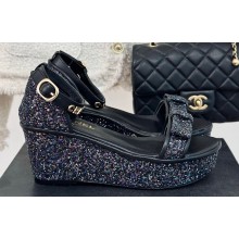 Chanel Crystal Bow Wedge Sandals Glitter Black 2024