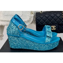 Chanel Crystal Bow Wedge Sandals Glitter Blue 2024