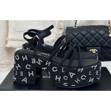 Chanel Calfskin Strass Heel tubular Wedge Sandals Black 2024