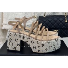 Chanel Calfskin Strass Heel tubular Wedge Sandals Beige 2024