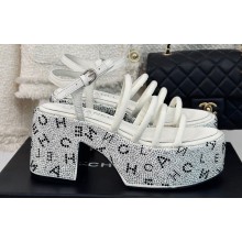 Chanel Calfskin Strass Heel tubular Wedge Sandals White 2024