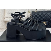Chanel Calfskin tubular Wedge Sandals Black 2024