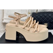 Chanel Calfskin tubular Wedge Sandals Beige 2024