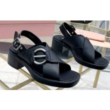Miu Miu Heel 5cm Calfskin leather Sandals Black with Buckle 2024