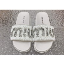 Miu Miu Matelassé Satin slides White with Crystal Logo 2024