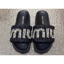 Miu Miu Matelassé Satin slides Black with Crystal Logo 2024