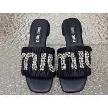 Miu Miu Matelassé Satin Heel slides Black with Crystal Logo 2024