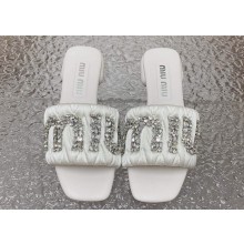 Miu Miu Matelassé Satin Heel slides White with Crystal Logo 2024