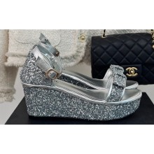 Chanel Crystal Bow Wedge Sandals Glitter Silver 2024