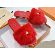 Louis Vuitton Mink Fur Lock It Flat Mules Red 2024