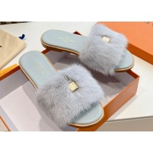 Louis Vuitton Mink Fur Lock It Flat Mules Gray 2024