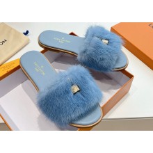 Louis Vuitton Mink Fur Lock It Flat Mules Blue 2024