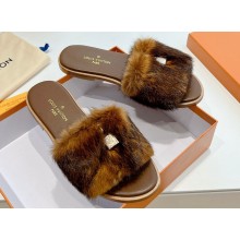 Louis Vuitton Mink Fur Lock It Flat Mules Coffee 2024