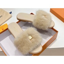Louis Vuitton Mink Fur Lock It Flat Mules Beige 2024