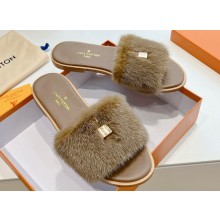 Louis Vuitton Mink Fur Lock It Flat Mules Camel 2024
