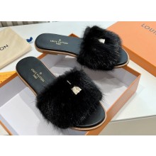 Louis Vuitton Mink Fur Lock It Flat Mules Black 2024