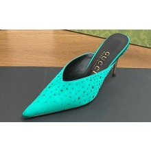 Gucci Heel 8.5cm crystal-embellished Satin Mules Green 2024