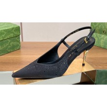 Gucci Heel 8.5cm crystal-embellished Satin Slingback Pumps Black 2024