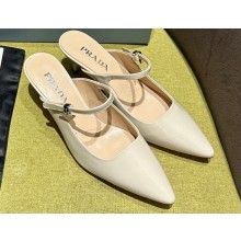 Prada Heel 5.5cm Patent leather Mules with Strap Beige 2024