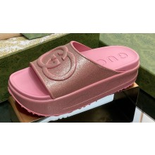 Gucci Women/Men platform Rubber slide sandals with Interlocking G Metallic Pink 2024