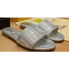 Fendi Signature Silver-colored leather slides with all-over rhinestone embroidery 2024
