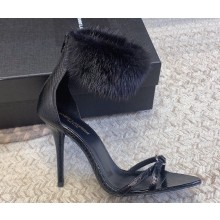 Saint Laurent Heel 10cm Mink Fur Gippy Sandals in Ayers Leather Black 2024