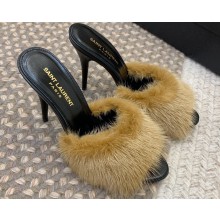 Saint Laurent Heel 9.5cm La 16 Mules in Animal Fur Beige 2024