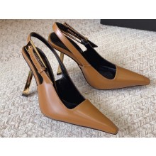 Saint Laurent Heel 11cm lee slingback pumps in glazed leather 763421 Brown 2024