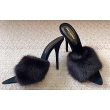 Saint Laurent Heel 10.5cm la 16 mules in animal-free fur and suede black 2024