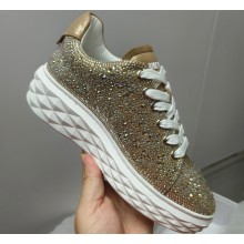 Jimmy Choo Diamond Maxi/F Leather Trainers Sneakers White/Gold with All Over Crystals and Platform Sole 2024