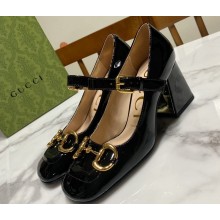 Gucci Heel 7.5cm Mary Jane Pumps with Horsebit and Strap in Patent leather Black