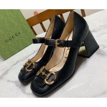 Gucci Heel 7.5cm Mary Jane Pumps with Horsebit and Strap in leather Black