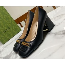 Gucci Heel 7.5cm Pumps with Interlocking G and Chain in leather Black