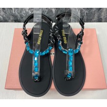 Miu Miu Riviere cord and leather sandals 5Y184E Crystals Black/Blue 2024