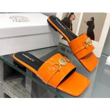 Versace Medusa Buckle Leather Flat Sandals in patent leather Orange 2024
