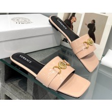 Versace Medusa Buckle Leather Flat Sandals in patent leather Beige 2024