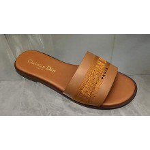 Dior Dway Slides in Brown Calfskin and Embroidered Cotton 2024