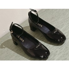 Prada Heel 4cm Patent leather pumps with ankle strap and metal buckle 1I358N Black 2024