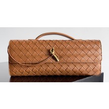 Bottega Veneta Long Clutch Andiamo With Handle Intrecciato leather bag Cognac with metallic knot closure 2024