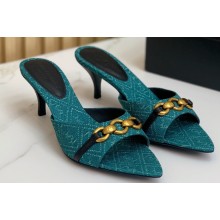 Saint Laurent Heel 4cm le maillon mules with a cable-link chain in Denim Green 2024