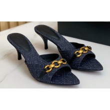 Saint Laurent Heel 4cm le maillon mules with a cable-link chain in Denim Navy Blue 2024