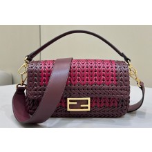 Fendi Medium Baguette Bag Red and burgundy interlaced leather and raffia 2024